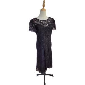 Vtg 90s After Dark Black Sheer Lace Mesh Midi Whimsigoth Holiday Dress 12P EUC